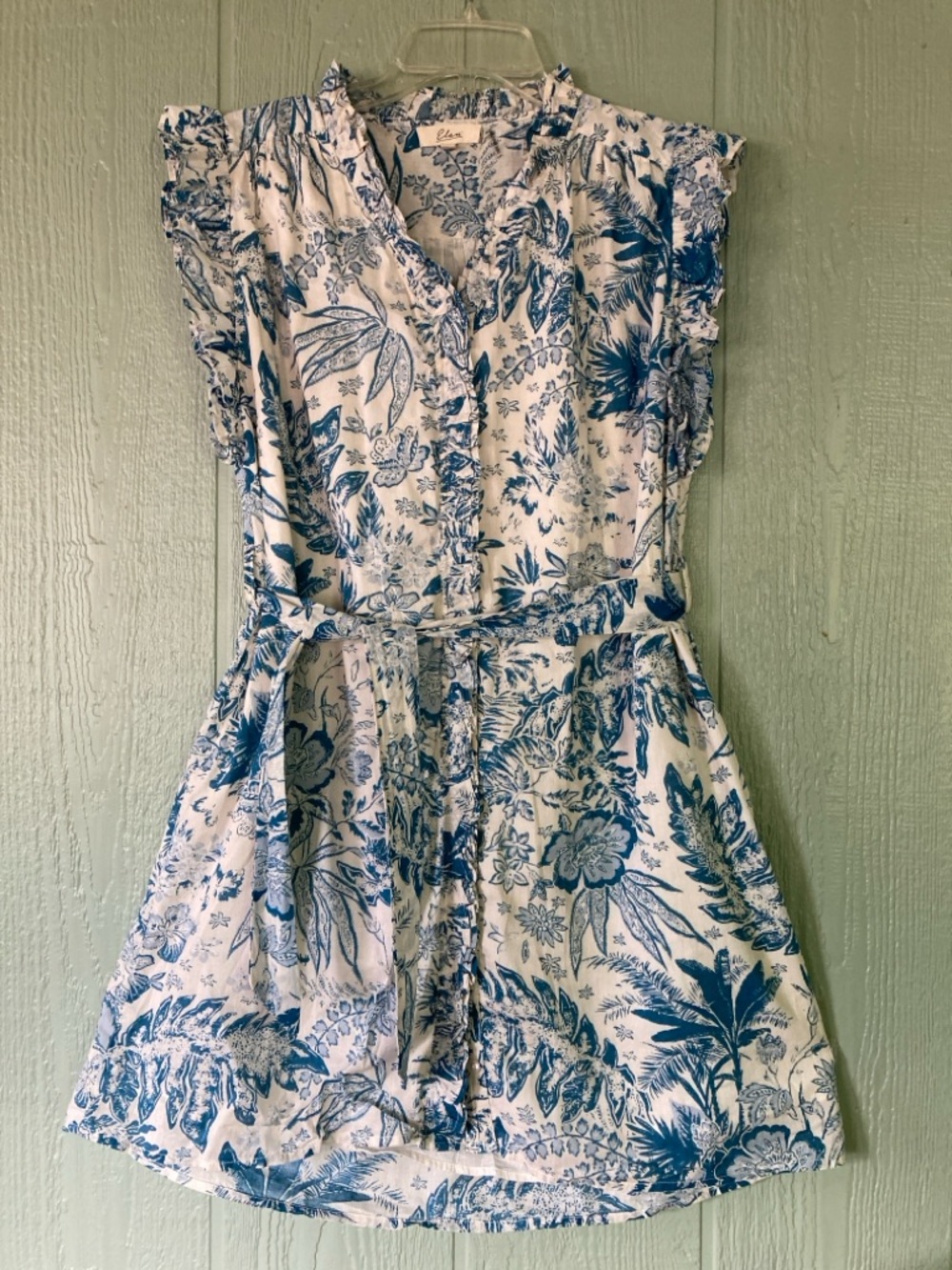 Elan Size Small sleeveless ruffled accent blue patterned cotton tie belt dress